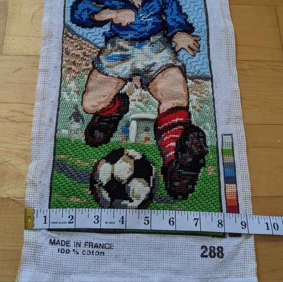 VINTAGE Big Eye Boy Needlepoint Soccer Player Completed embroidery Retro @K - Picture 2 of 8